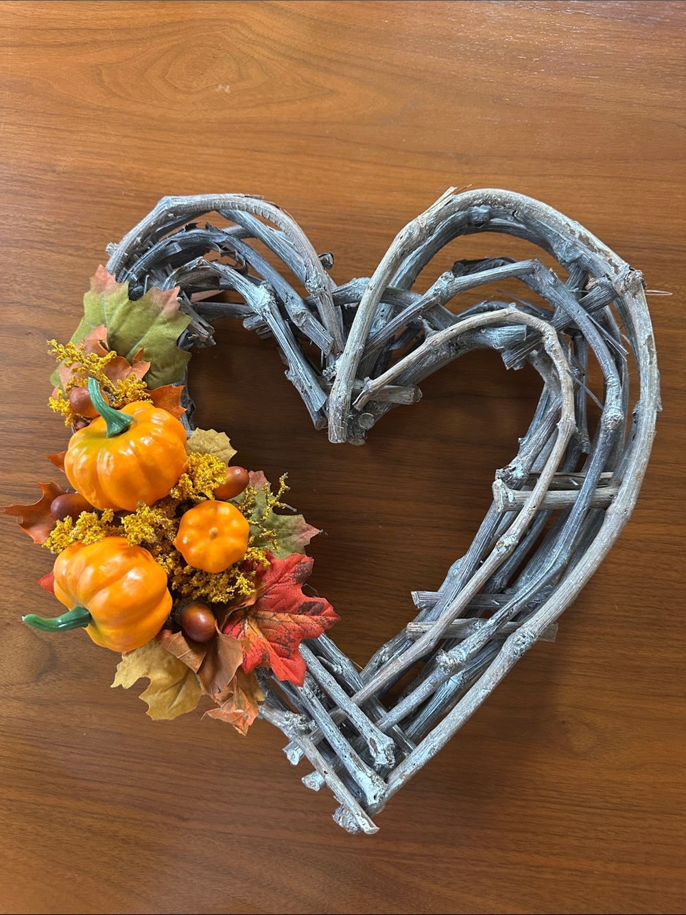 Heart Shaped Fall Thanksgiving Wreath with Orange Pumpkins